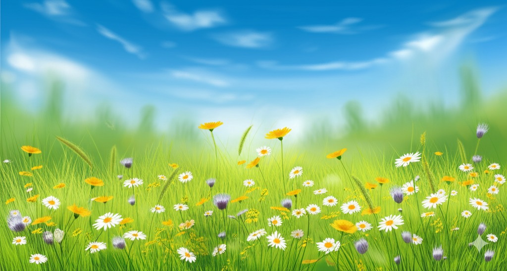 a field with grass and flowers