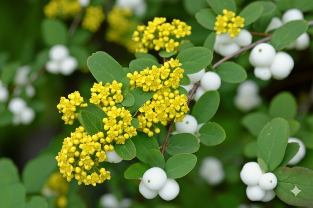 a plant with yellow flowers and white berries