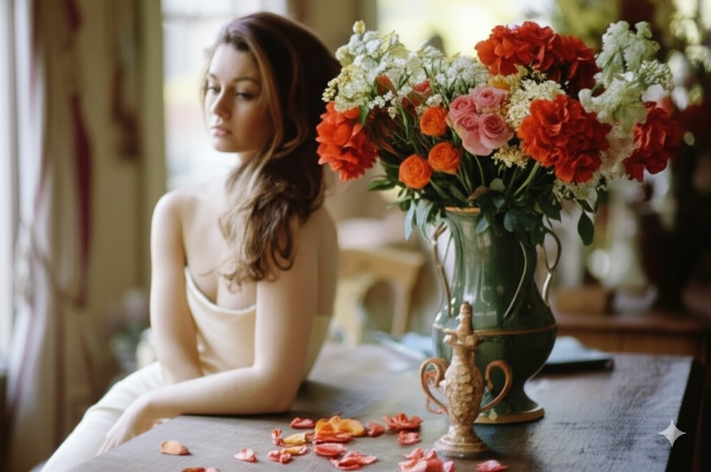 a woman seated beside a vase of flowers